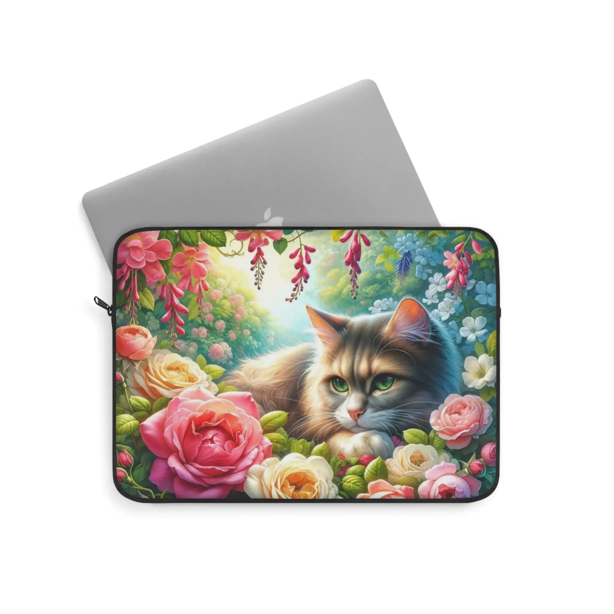 June Birth Flower - Roses and Honeysuckle - Cat Lover - Laptop Sleeve
