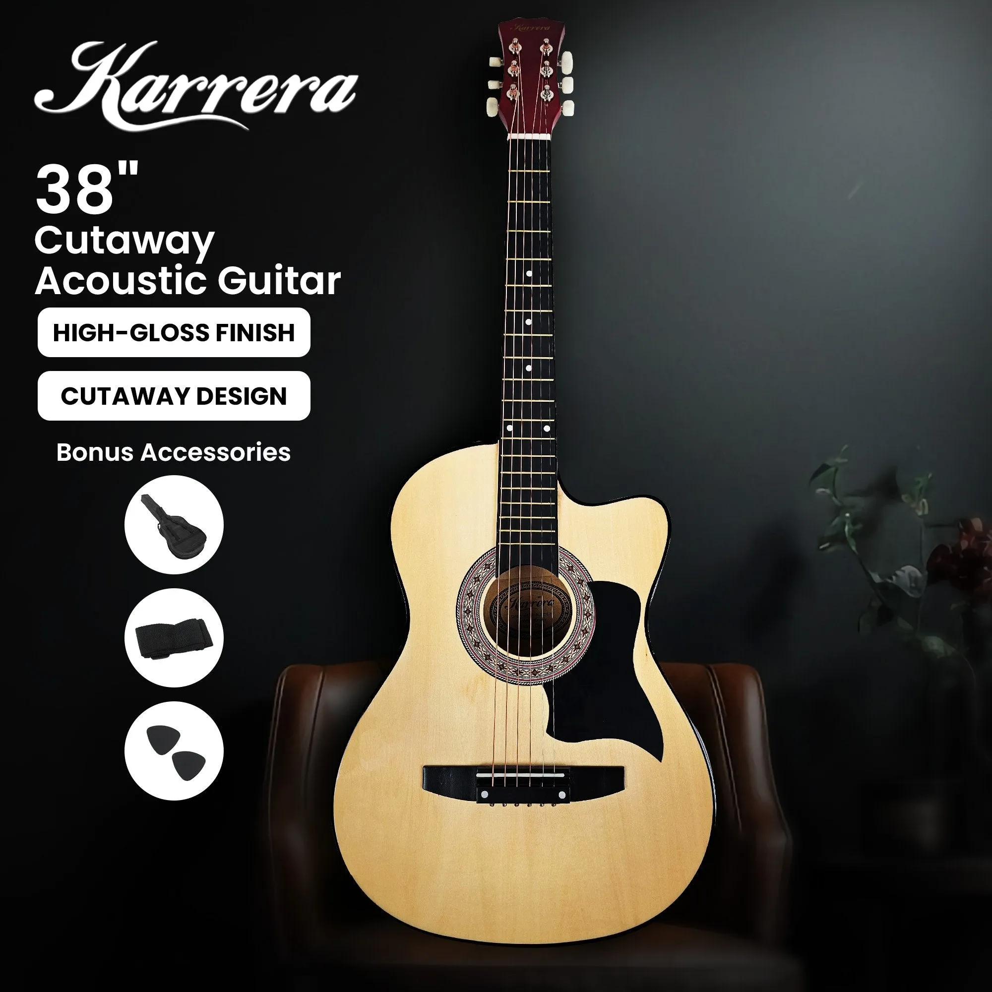 Karrera 38in Cutaway Acoustic Guitar with Carry Bag (Natural)