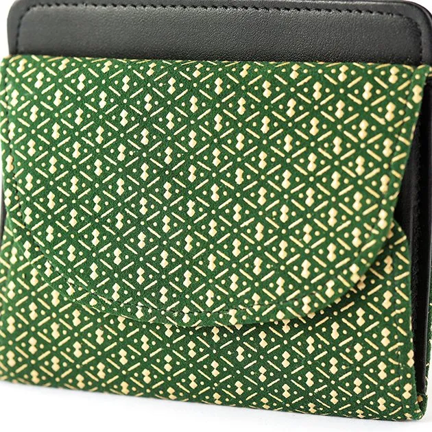 Koshu Inden Japanese Deerskin Leather with Urushi (Japanese Lacquer) Fold Wallet - Gourd Pattern / Dark Green - ,  Made in Japan,  Japanese Leather Wallet