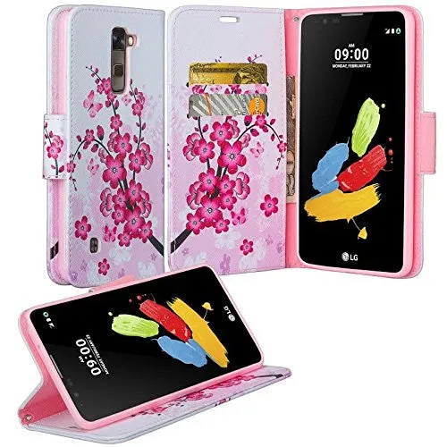 LG K7 | Tribute 5 | Treasure Case, Wallet Case, Wrist Strap [Kickstand] Pu Leather Wallet Case with ID & Credit Card Slots - Cherry Blossom