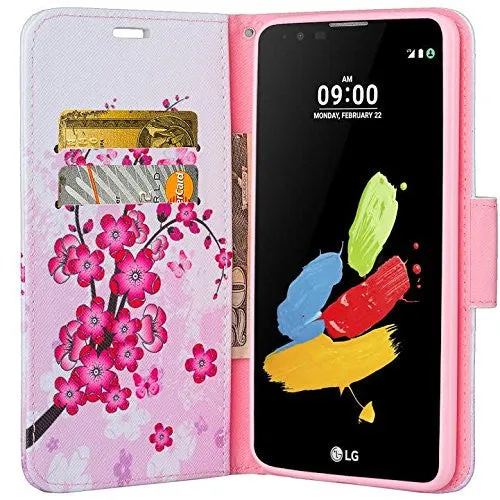 LG K7 | Tribute 5 | Treasure Case, Wallet Case, Wrist Strap [Kickstand] Pu Leather Wallet Case with ID & Credit Card Slots - Cherry Blossom