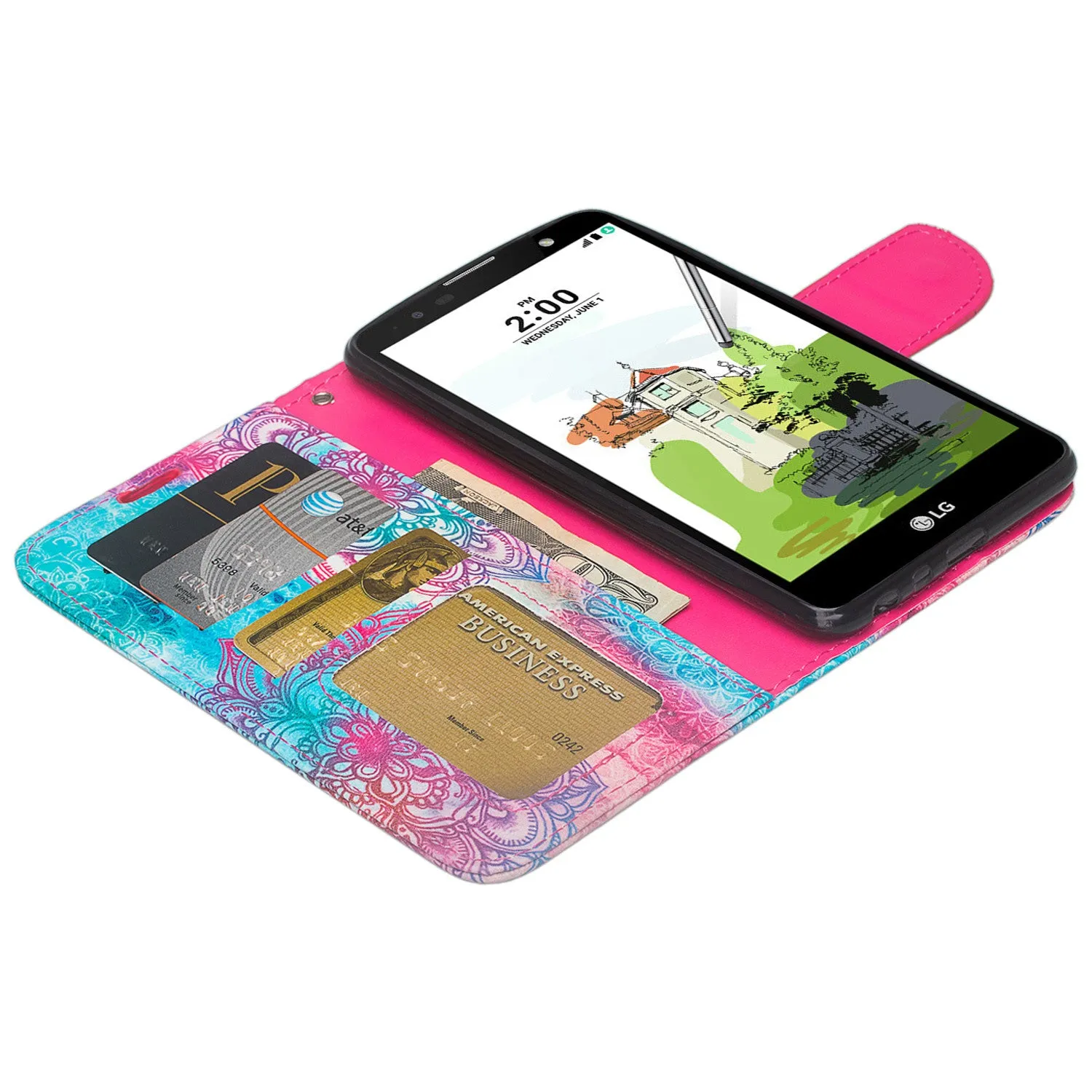 LG Stylo 2 Plus Case, Wrist Strap Pu Leather Magnetic Flip[Kickstand] Wallet Case w/ ID & Card Slots for Stylo 2 Plus - Teal Flower