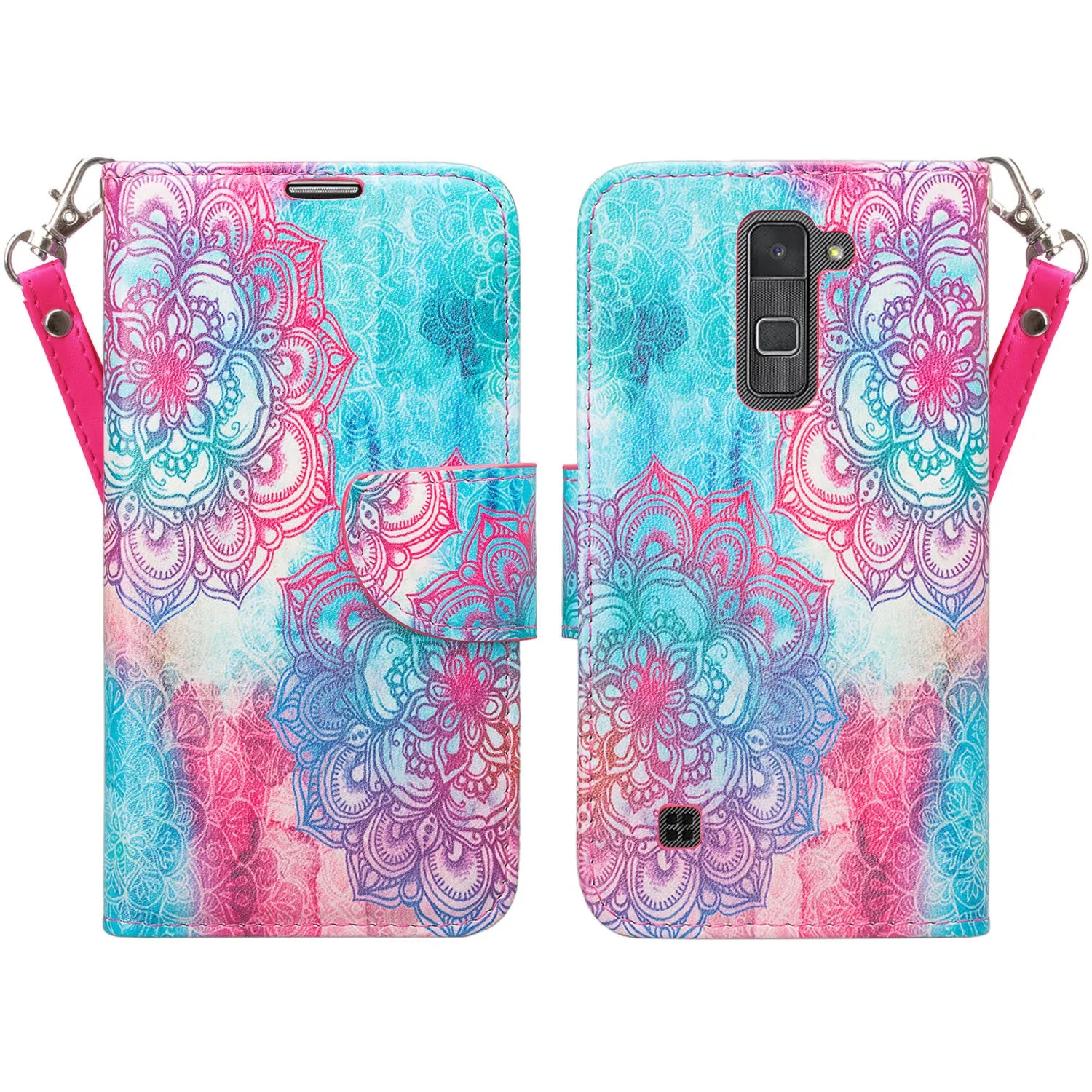 LG Stylo 2 Plus Case, Wrist Strap Pu Leather Magnetic Flip[Kickstand] Wallet Case w/ ID & Card Slots for Stylo 2 Plus - Teal Flower