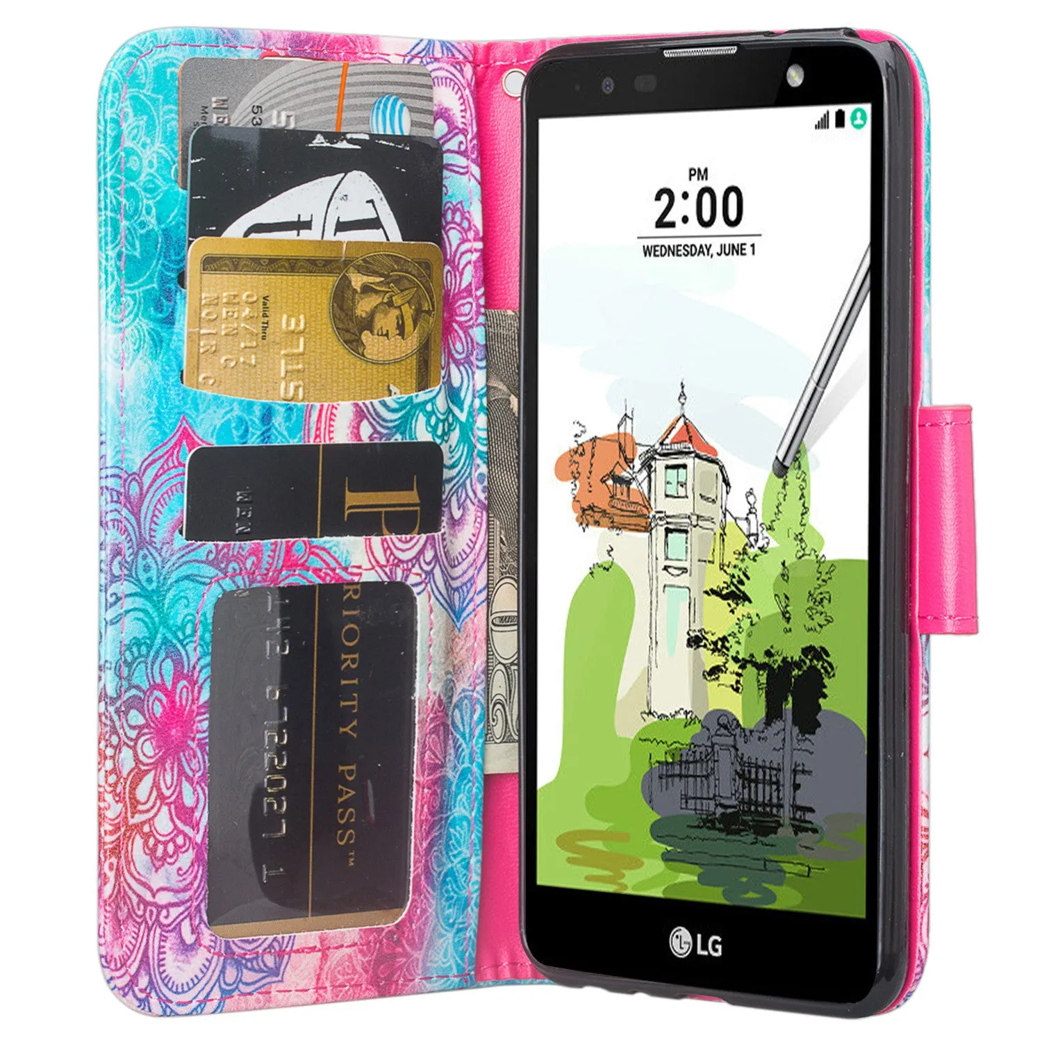 LG Stylo 2 Plus Case, Wrist Strap Pu Leather Magnetic Flip[Kickstand] Wallet Case w/ ID & Card Slots for Stylo 2 Plus - Teal Flower