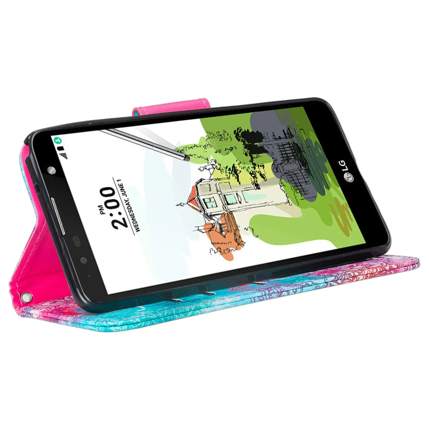 LG Stylo 2 Plus Case, Wrist Strap Pu Leather Magnetic Flip[Kickstand] Wallet Case w/ ID & Card Slots for Stylo 2 Plus - Teal Flower