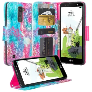 LG Stylo 2 Plus Case, Wrist Strap Pu Leather Magnetic Flip[Kickstand] Wallet Case w/ ID & Card Slots for Stylo 2 Plus - Teal Flower