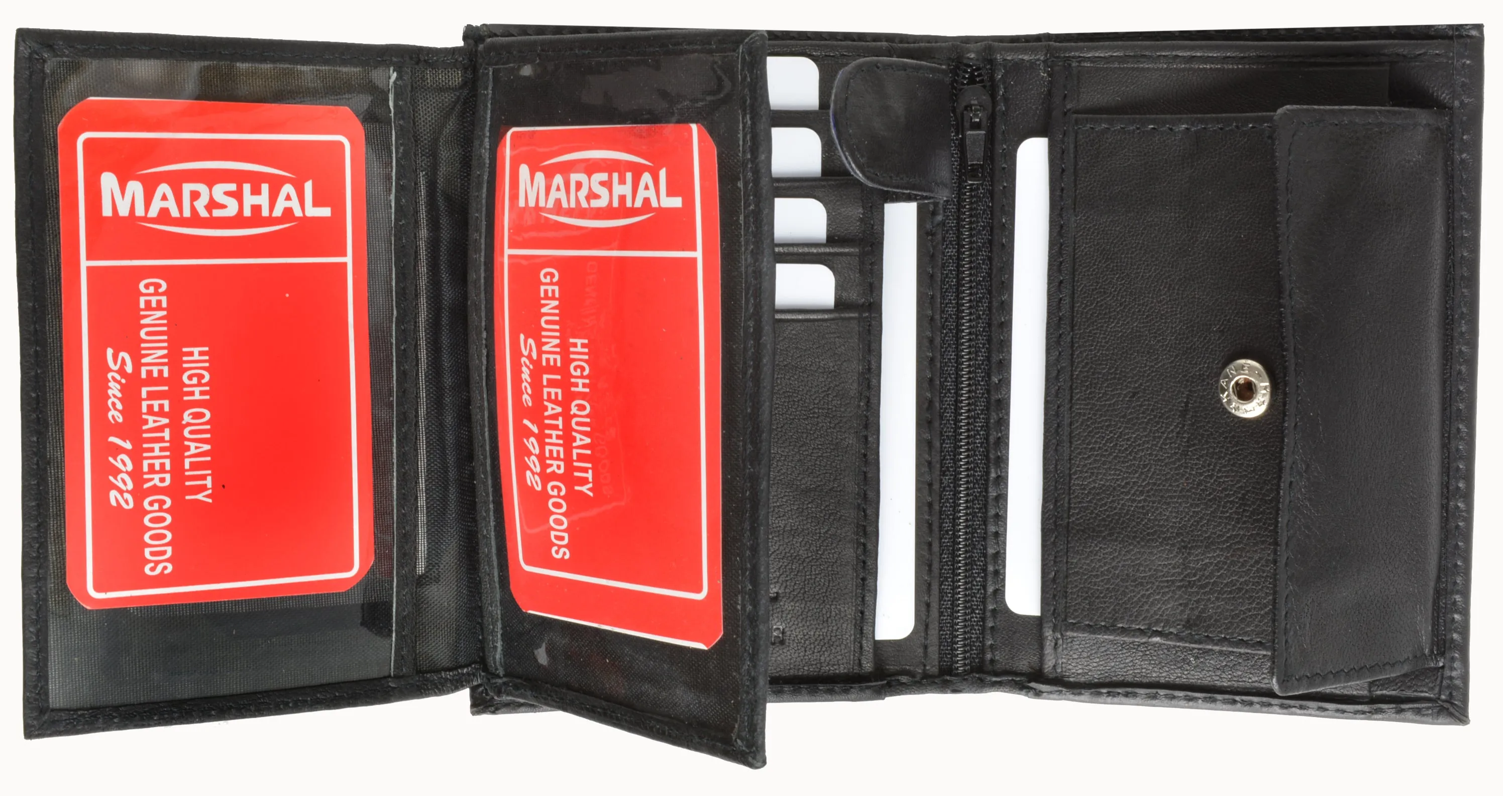 Marshal Mens Leather Trifold Wallet Hipster Multi Card ID Holder Black