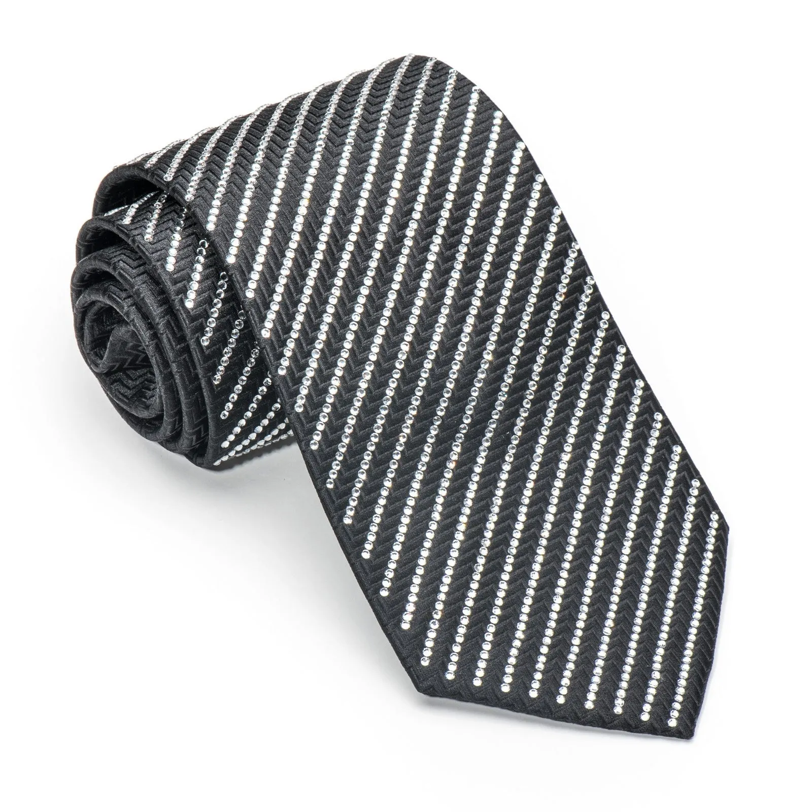 Men's Black Crystal Rhinestone Silk Necktie By Lalanta
