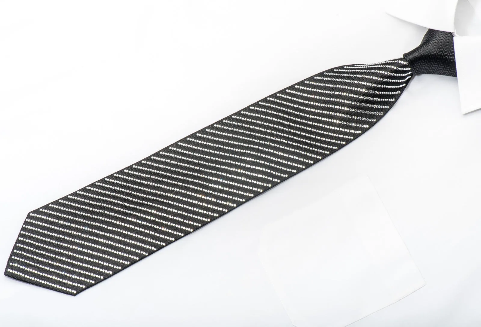 Men's Black Crystal Rhinestone Silk Necktie By Lalanta