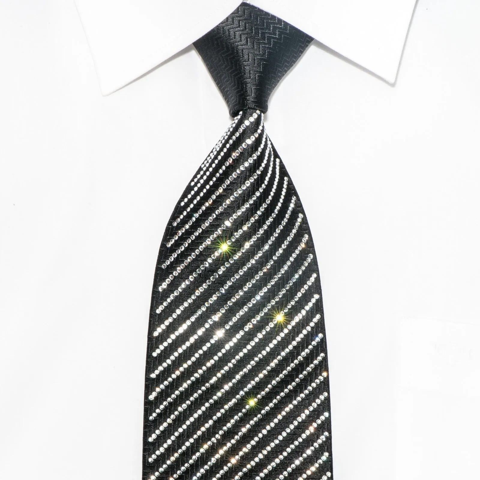 Men's Black Crystal Rhinestone Silk Necktie By Lalanta