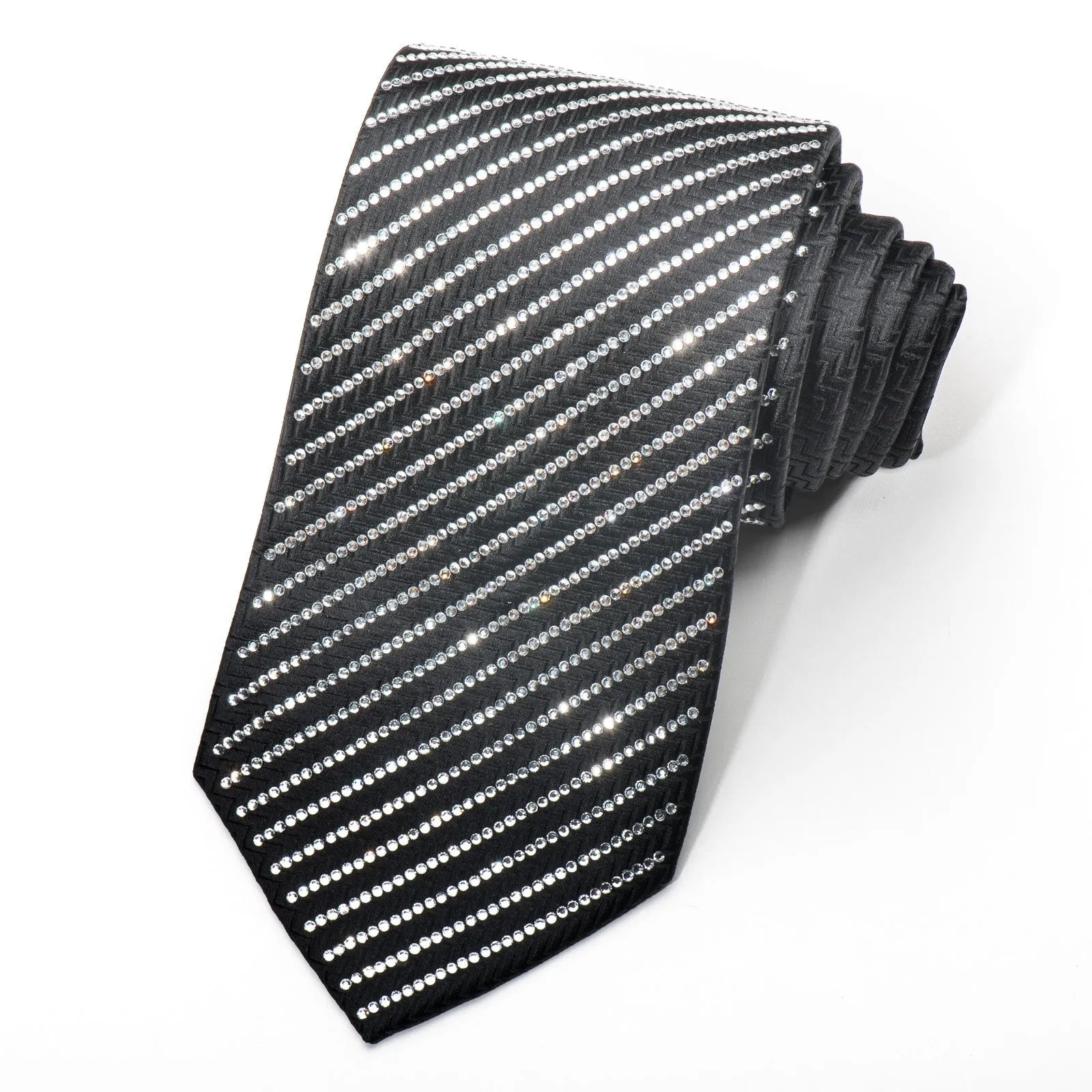Men's Black Crystal Rhinestone Silk Necktie By Lalanta