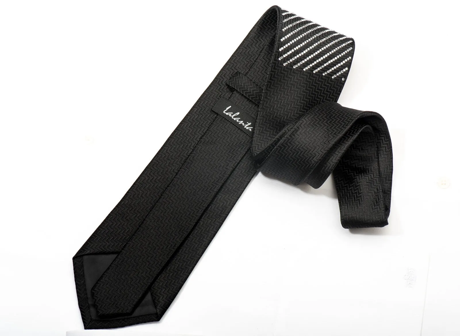 Men's Black Crystal Rhinestone Silk Necktie By Lalanta