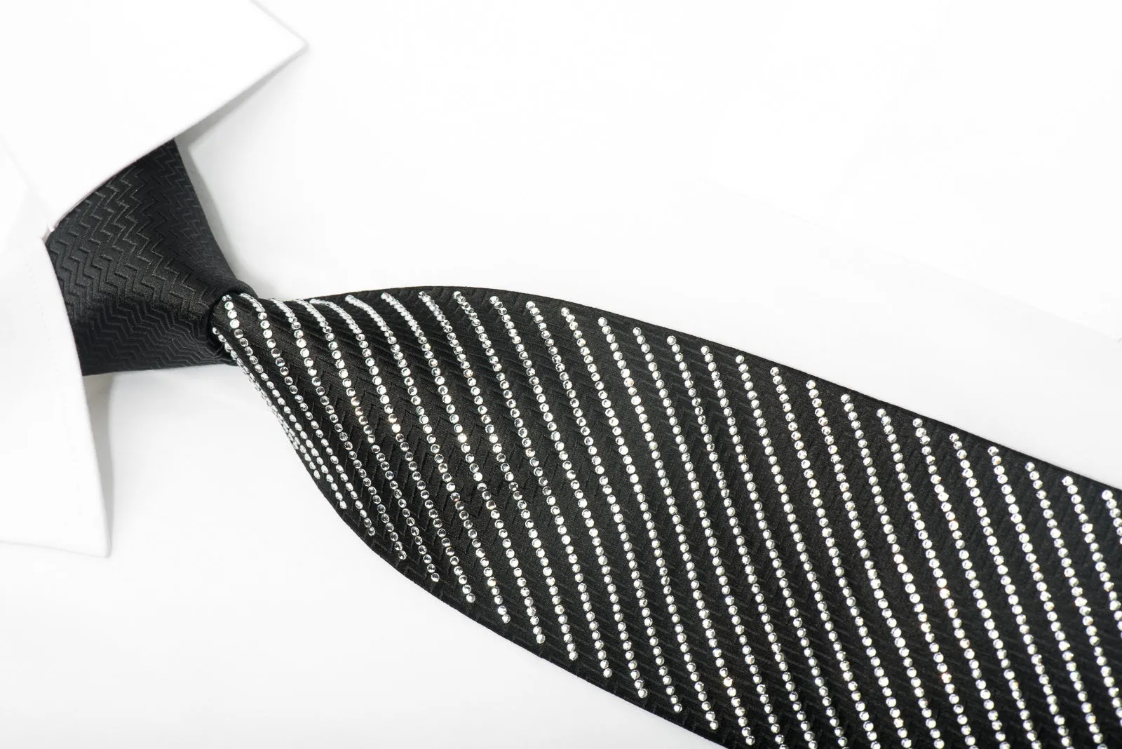 Men's Black Crystal Rhinestone Silk Necktie By Lalanta