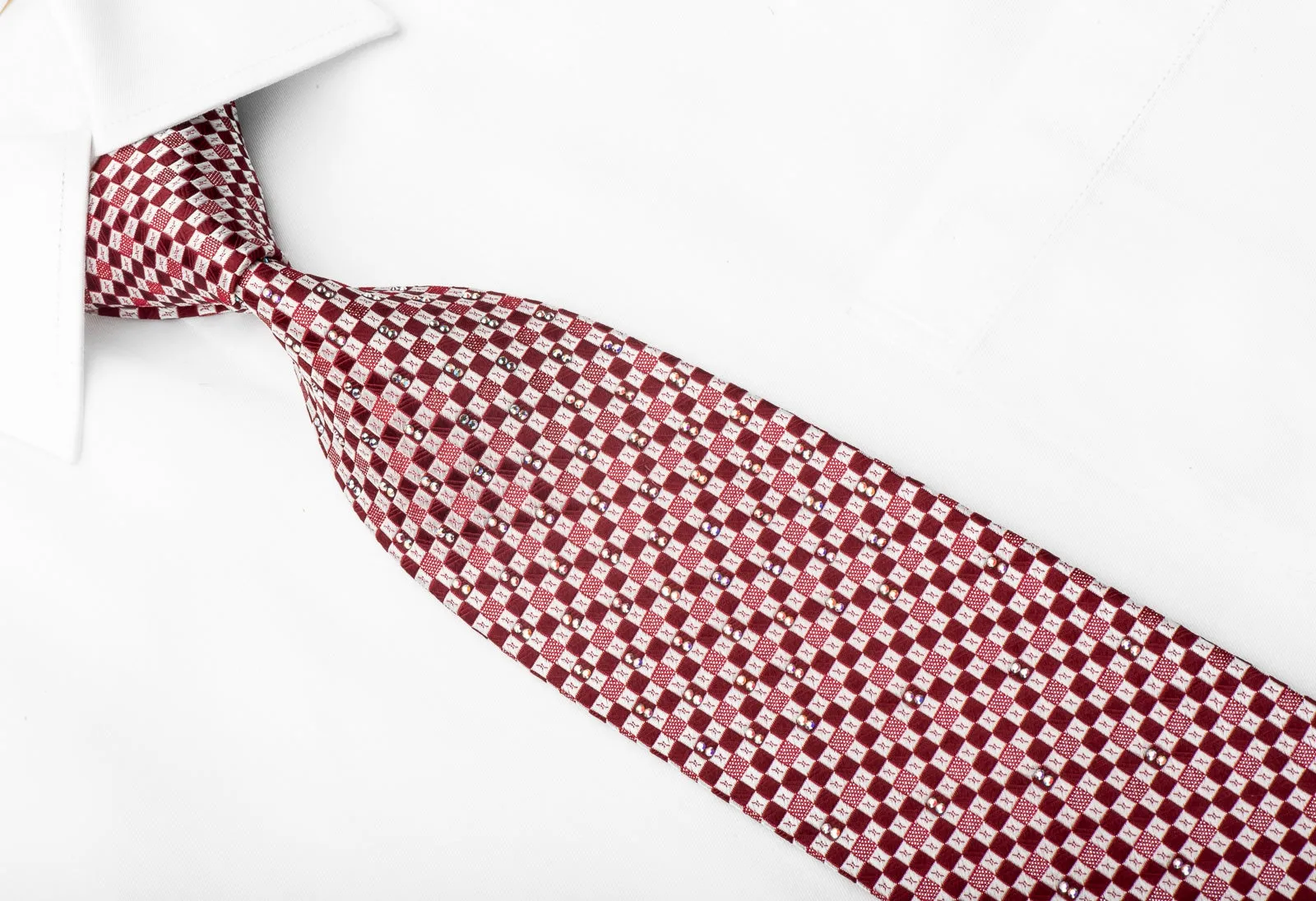 Men's Crystal Rhinestone Silk Necktie Burgundy Silver Checkered With Silver Sparkles