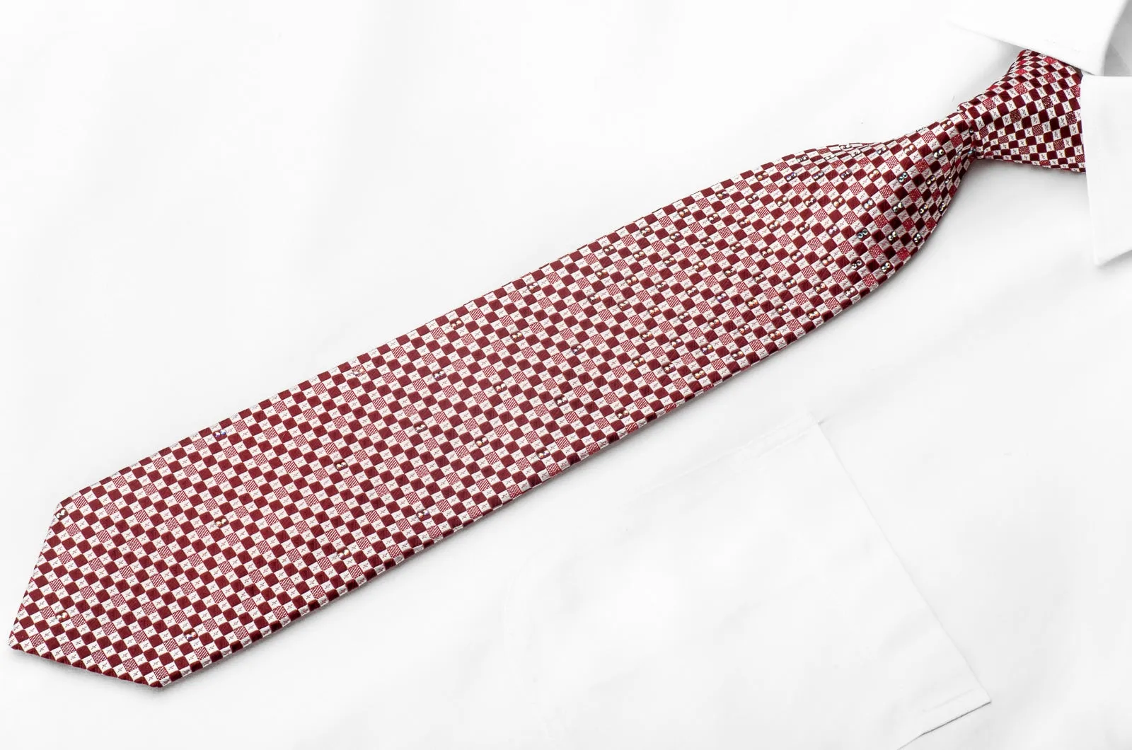 Men's Crystal Rhinestone Silk Necktie Burgundy Silver Checkered With Silver Sparkles