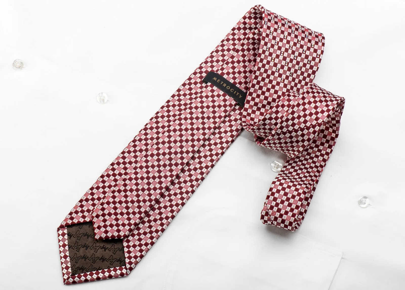 Men's Crystal Rhinestone Silk Necktie Burgundy Silver Checkered With Silver Sparkles