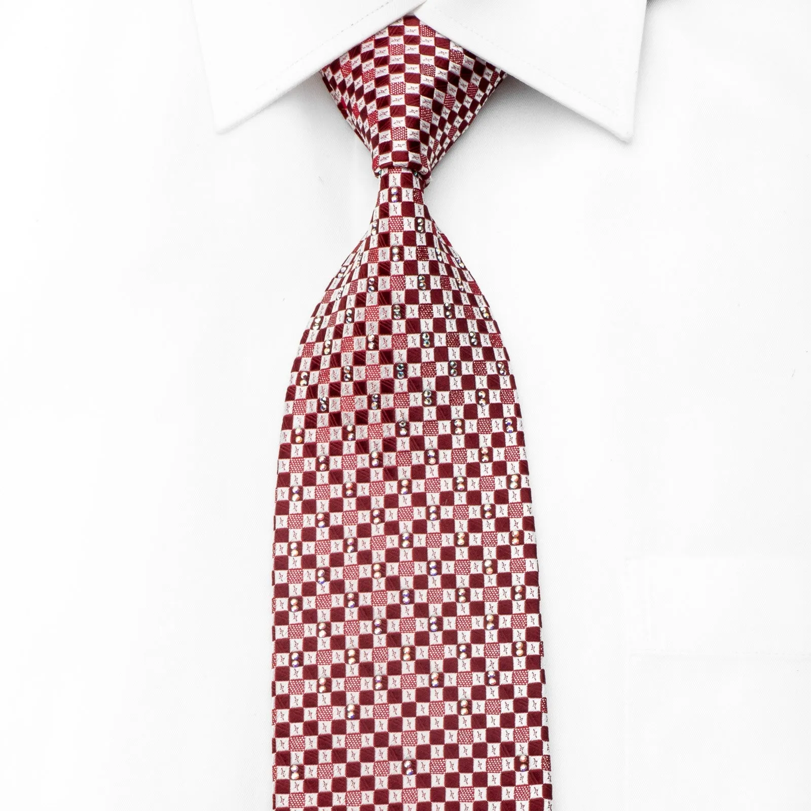 Men's Crystal Rhinestone Silk Necktie Burgundy Silver Checkered With Silver Sparkles