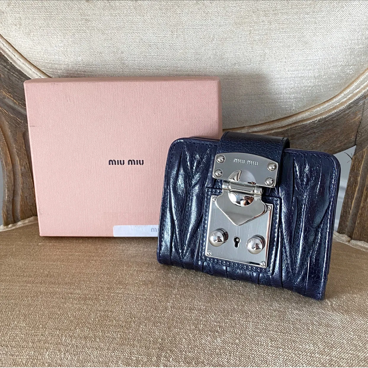 Miu Miu Midnight Navy Matelasse Leather Compact Wallet
