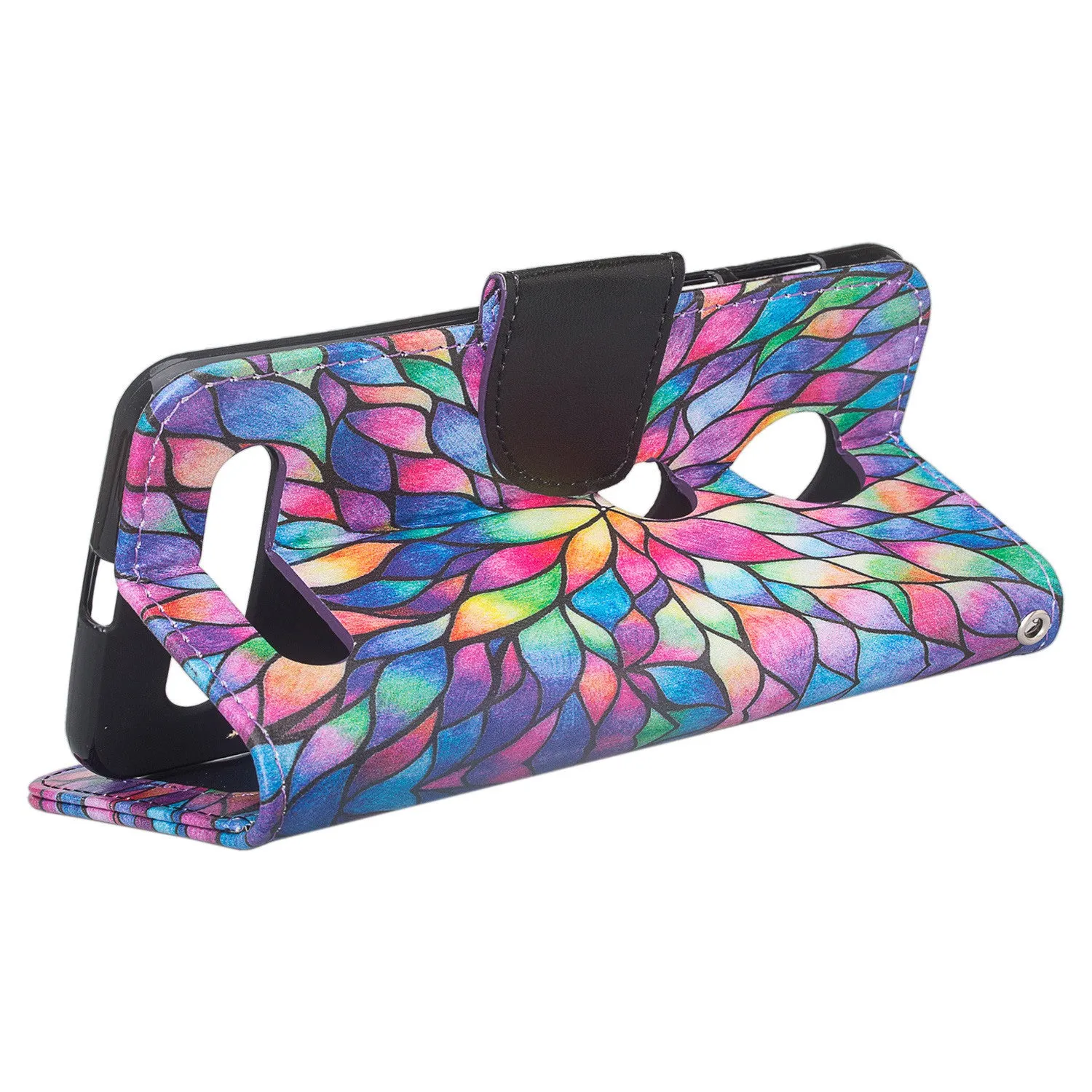 Motorola Moto Z2 Force Case, Moto Z2 Force Wallet Case, Slim Flip Folio [Kickstand] Pu Leather Wallet Case with ID & Card Slots & Pocket   Wrist Strap - Rainbow Flower