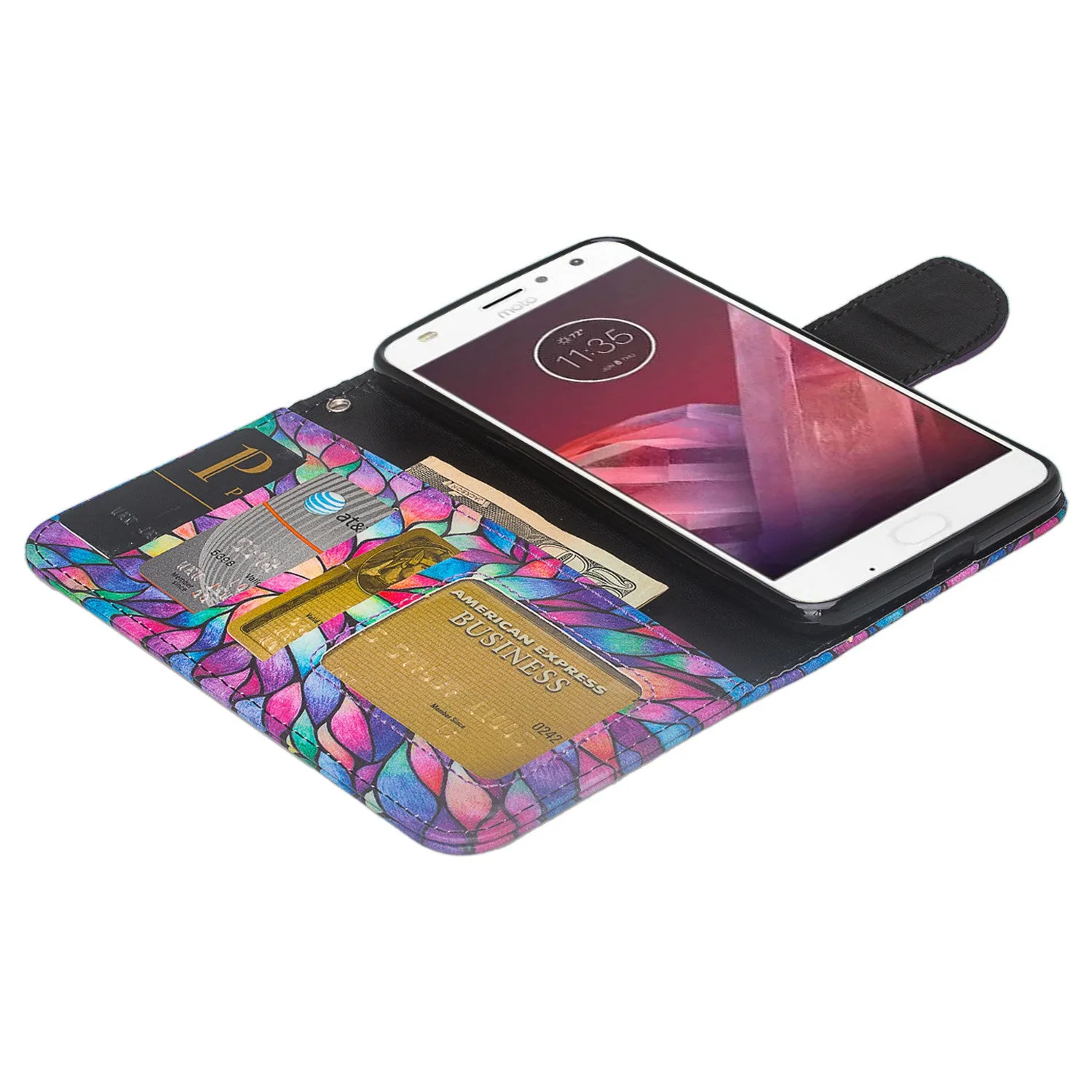 Motorola Moto Z2 Force Case, Moto Z2 Force Wallet Case, Slim Flip Folio [Kickstand] Pu Leather Wallet Case with ID & Card Slots & Pocket   Wrist Strap - Rainbow Flower