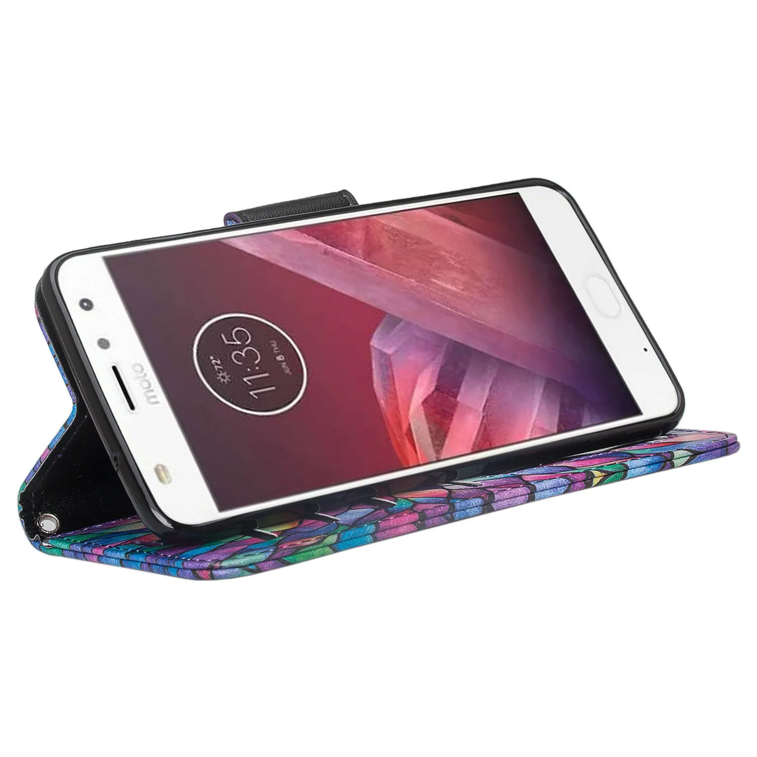 Motorola Moto Z2 Force Case, Moto Z2 Force Wallet Case, Slim Flip Folio [Kickstand] Pu Leather Wallet Case with ID & Card Slots & Pocket   Wrist Strap - Rainbow Flower