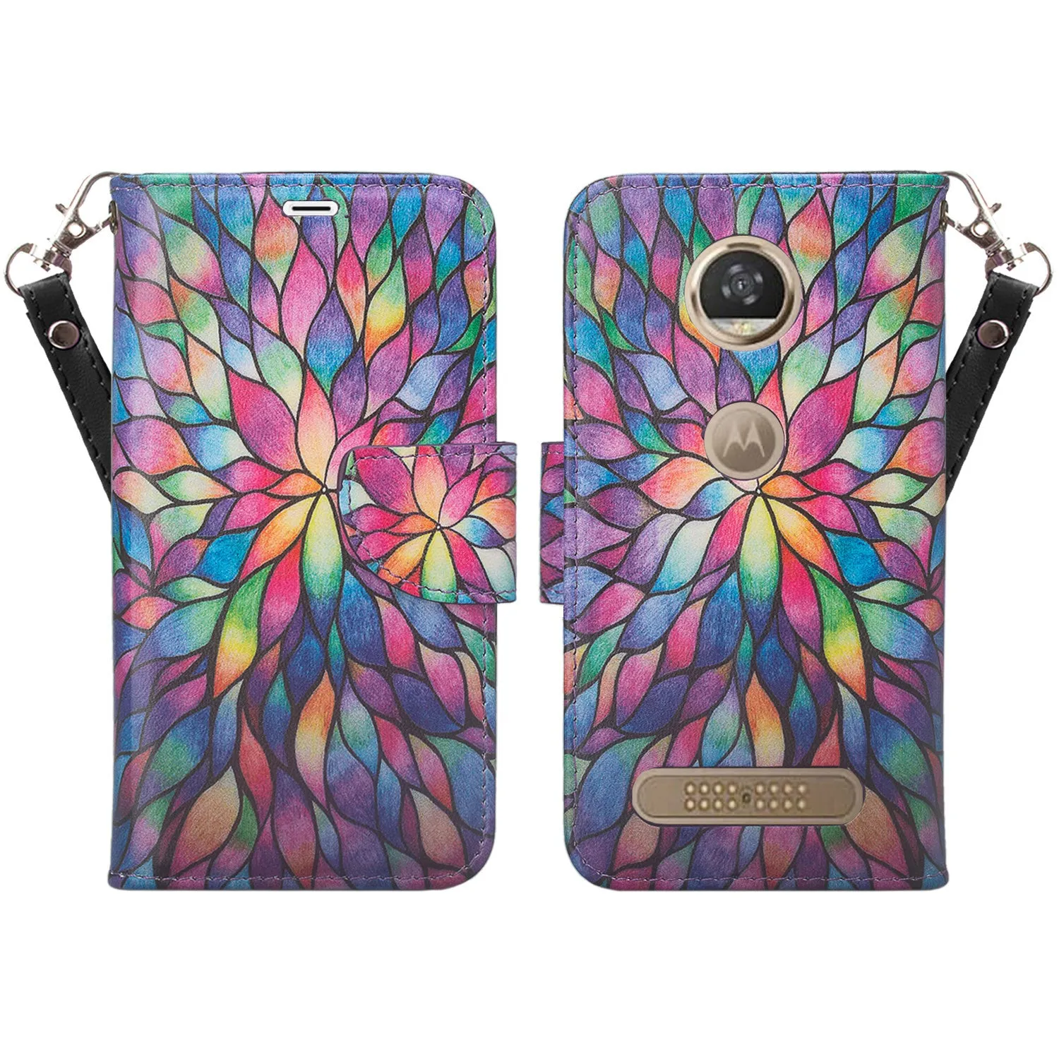 Motorola Moto Z2 Force Case, Moto Z2 Force Wallet Case, Slim Flip Folio [Kickstand] Pu Leather Wallet Case with ID & Card Slots & Pocket   Wrist Strap - Rainbow Flower
