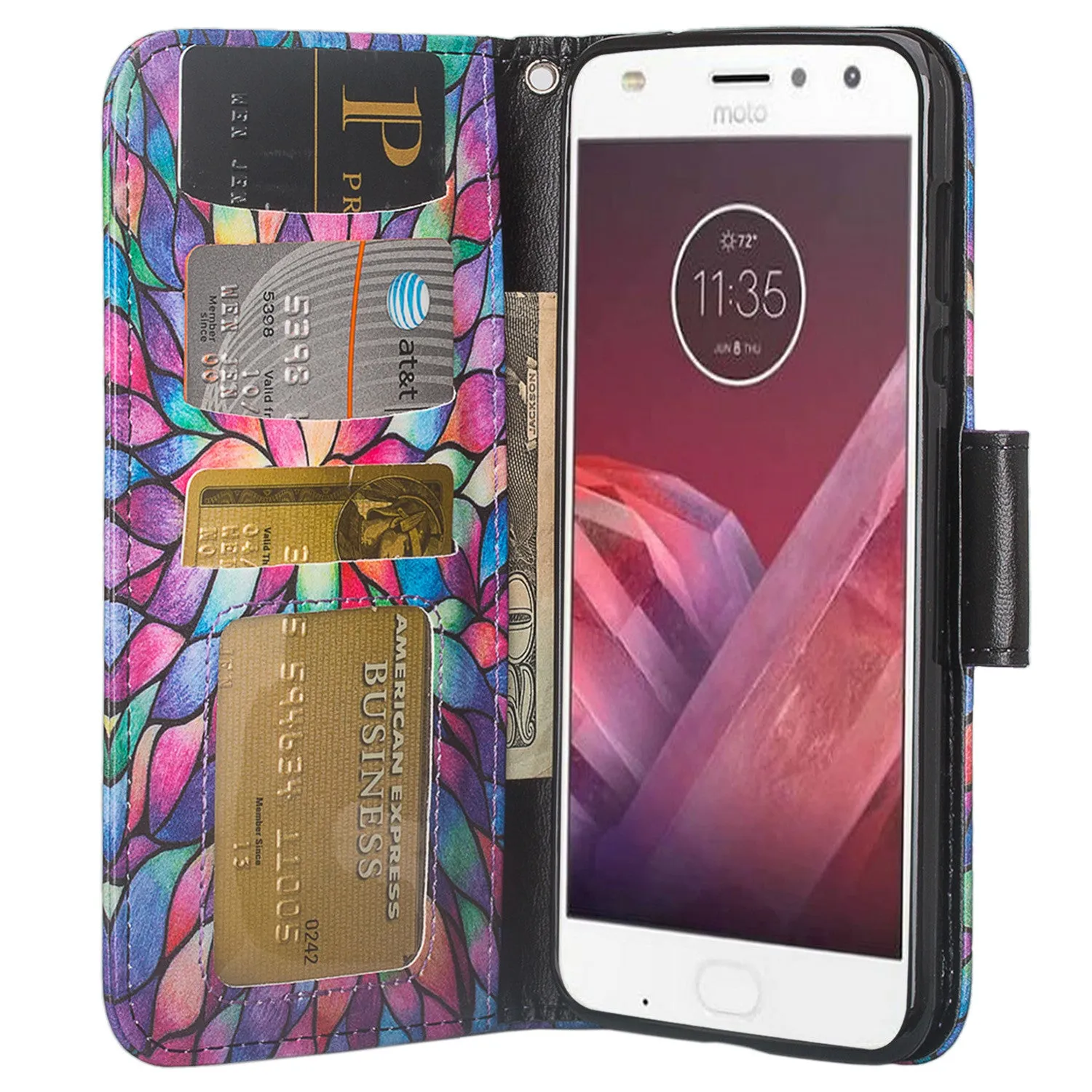 Motorola Moto Z2 Force Case, Moto Z2 Force Wallet Case, Slim Flip Folio [Kickstand] Pu Leather Wallet Case with ID & Card Slots & Pocket   Wrist Strap - Rainbow Flower