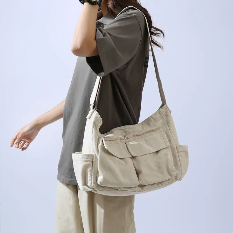 Multi-Pocket Canvas Crossbody Bag For Women Retro Lightweight Shoulder Bag