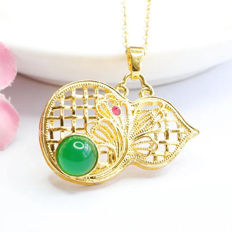 Natural Round Red Agate Chalcedony Golden Hollow Gourd Pendant