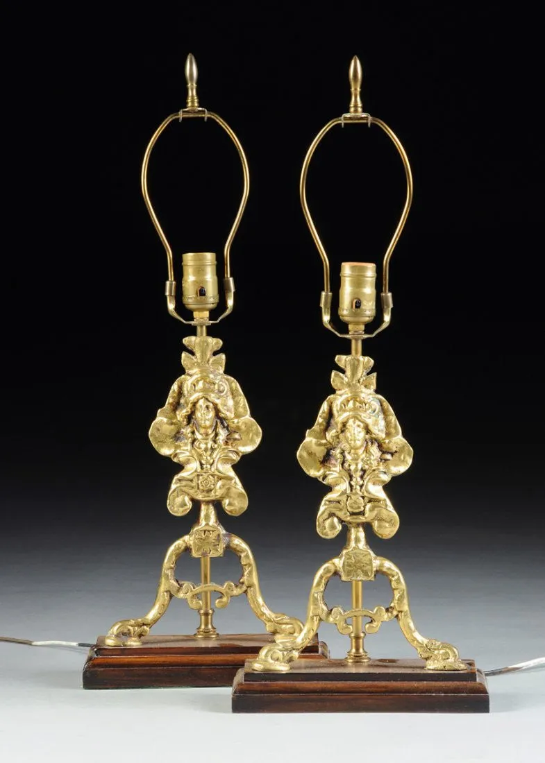 Pair of Regence Revival Polished Brass Chenet  Form Lamps