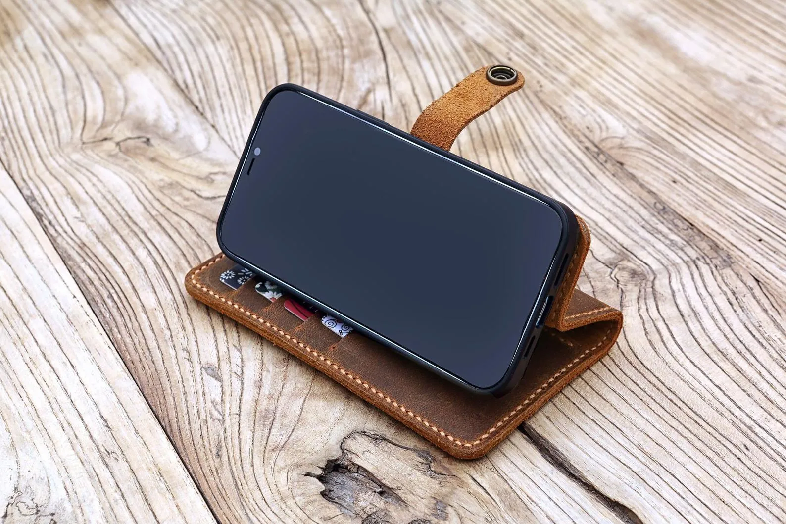 Personalized full grain Leather iPhone 12 pro max case detachable