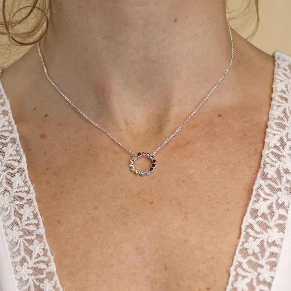 POM Silver Plated Circle and Rainbow Crystals Necklace