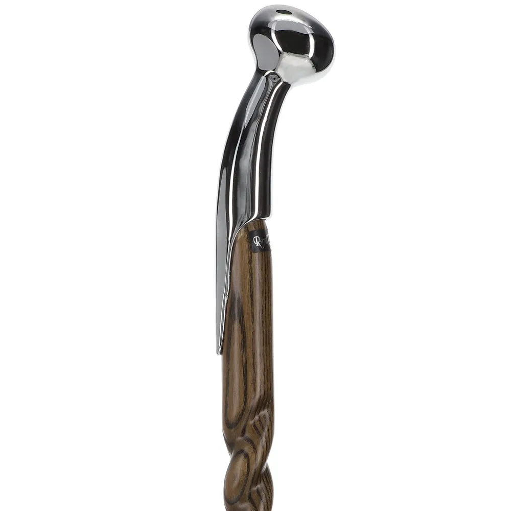Premium Chrome-Plated Brass Hame Handle Stick: Twisted Ash Wood