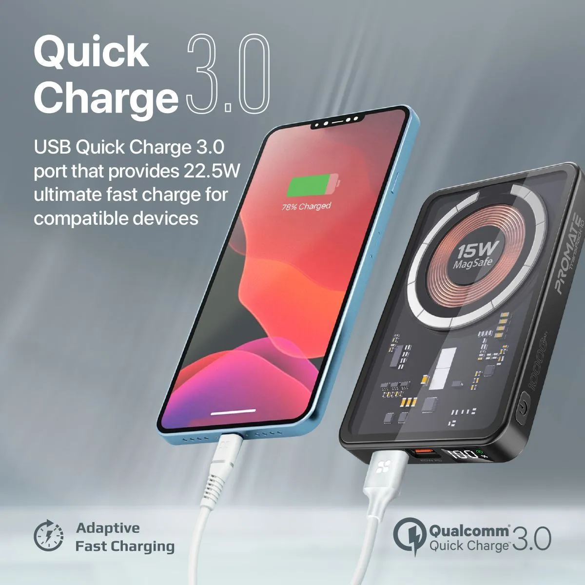 Promate 10000mAh Power Bank with Transparent Magsafe 15W Wireless Charging, 20W PD, 1x USB-C In/Out, 1x USB-A, Carbon Fiber Design, Charge 3x Devices, Black