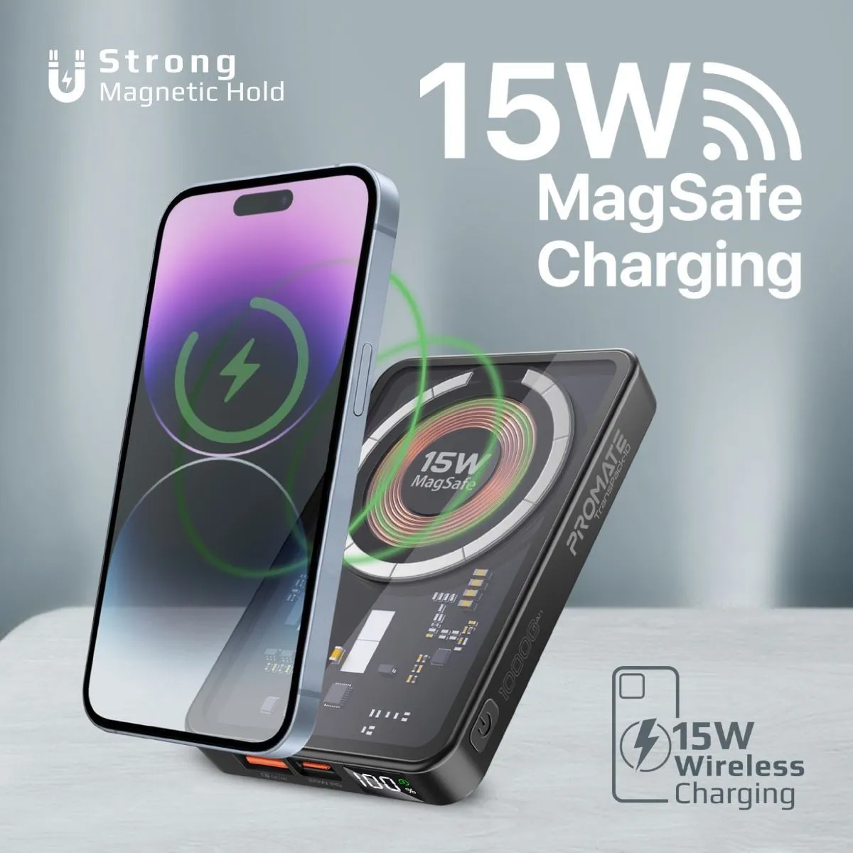 Promate 10000mAh Power Bank with Transparent Magsafe 15W Wireless Charging, 20W PD, 1x USB-C In/Out, 1x USB-A, Carbon Fiber Design, Charge 3x Devices, Black