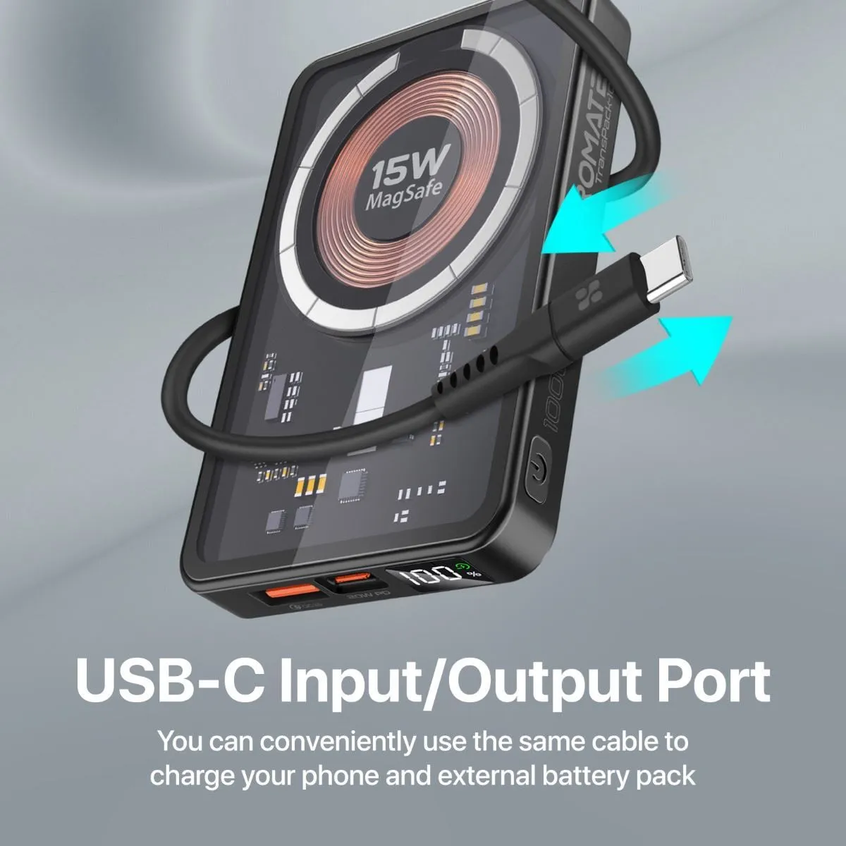 Promate 10000mAh Power Bank with Transparent Magsafe 15W Wireless Charging, 20W PD, 1x USB-C In/Out, 1x USB-A, Carbon Fiber Design, Charge 3x Devices, Black