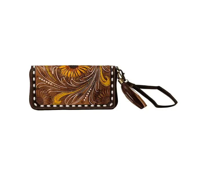 Radiant Sunflowers Hand-Tooled Clutch Wallet S-7464