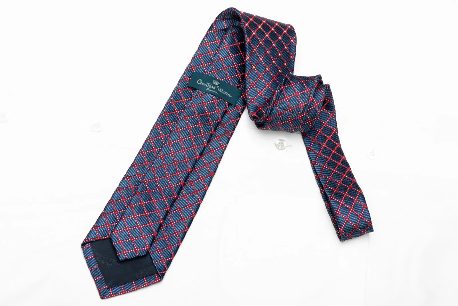 Red Trellis On Blue Rhinestone Silk Necktie With Silver Sparkles