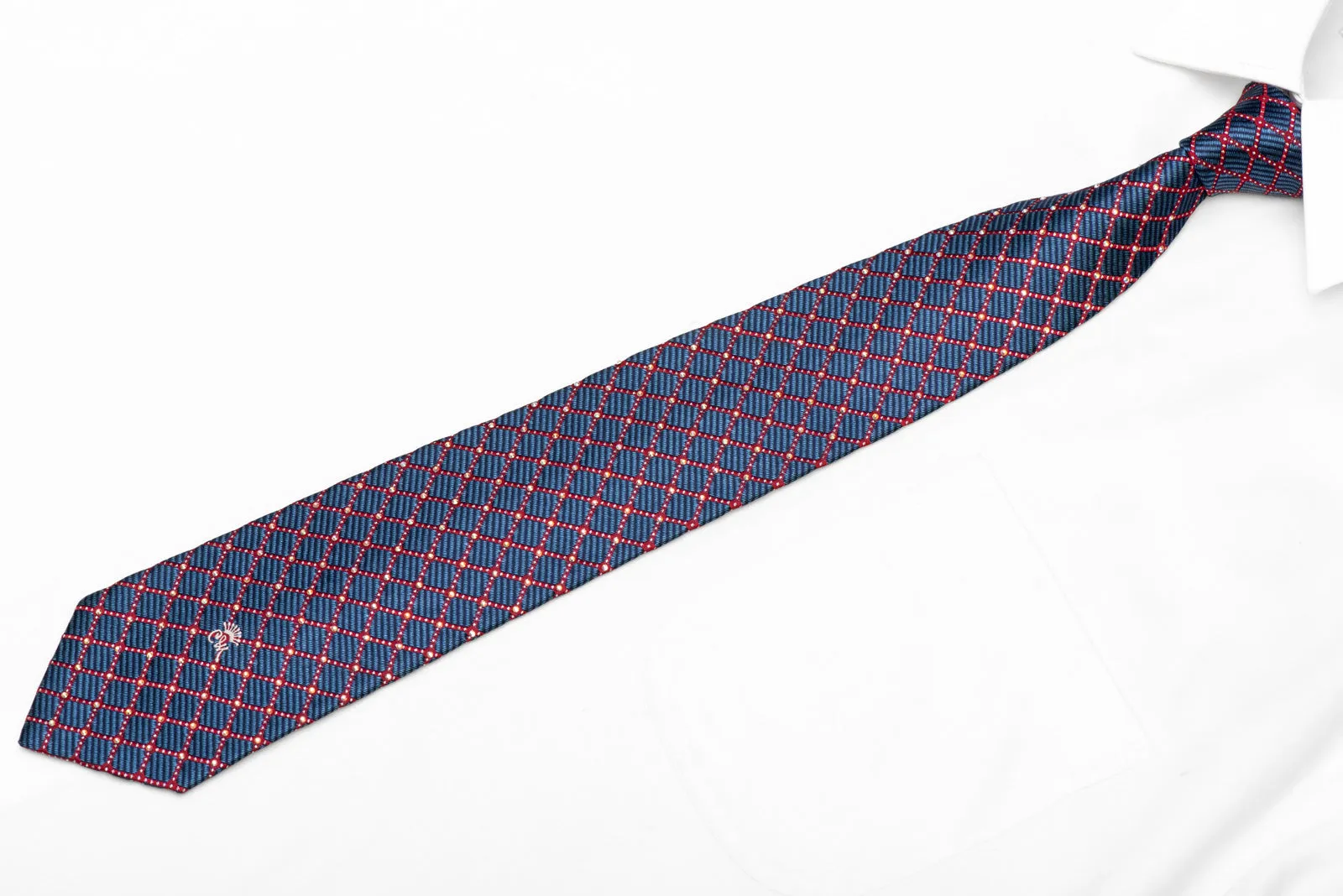 Red Trellis On Blue Rhinestone Silk Necktie With Silver Sparkles
