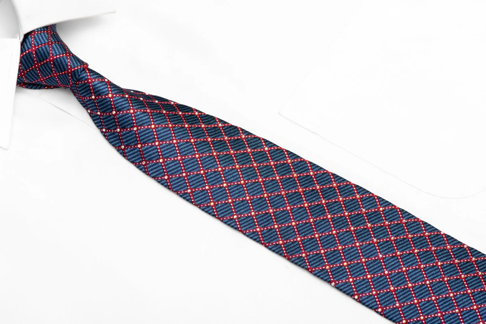 Red Trellis On Blue Rhinestone Silk Necktie With Silver Sparkles