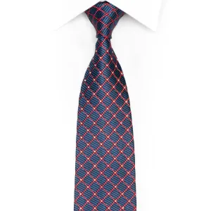 Red Trellis On Blue Rhinestone Silk Necktie With Silver Sparkles