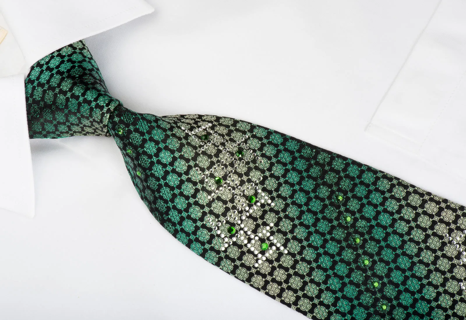 Remizio Rhinestone Silk Necktie Green Quatrefoil On Black With Green Sparkles