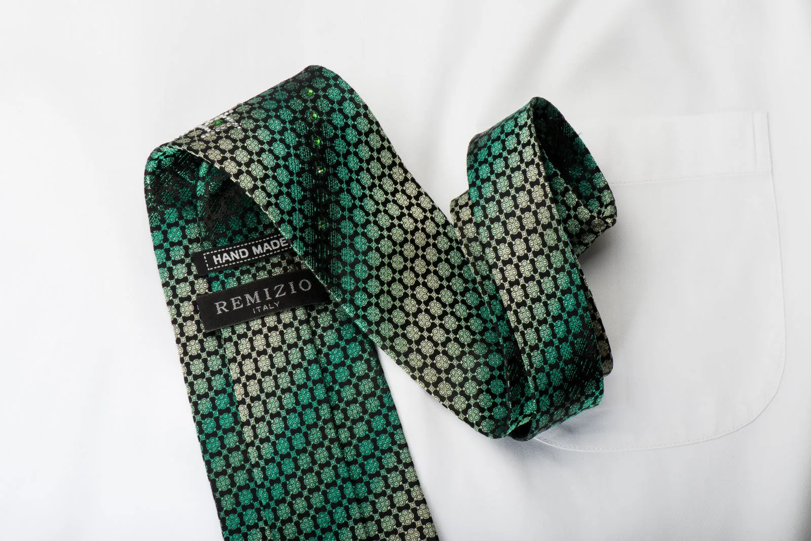 Remizio Rhinestone Silk Necktie Green Quatrefoil On Black With Green Sparkles