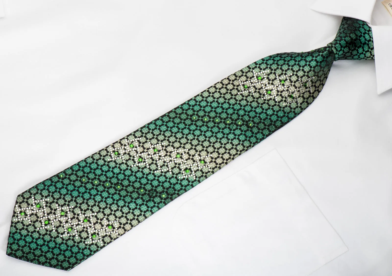 Remizio Rhinestone Silk Necktie Green Quatrefoil On Black With Green Sparkles