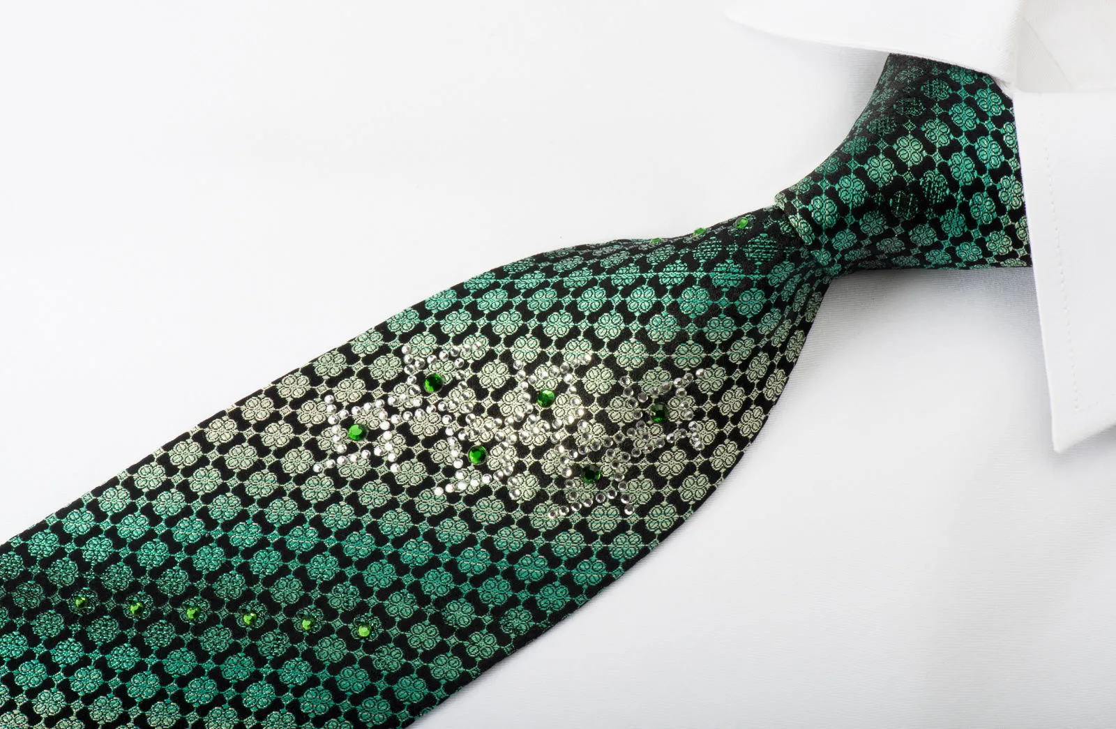 Remizio Rhinestone Silk Necktie Green Quatrefoil On Black With Green Sparkles