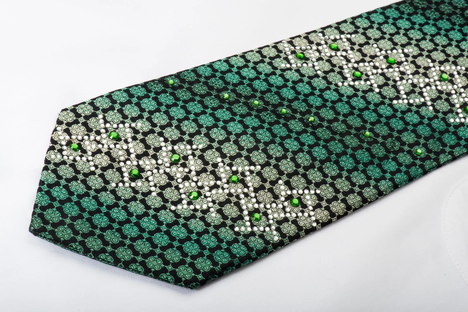 Remizio Rhinestone Silk Necktie Green Quatrefoil On Black With Green Sparkles