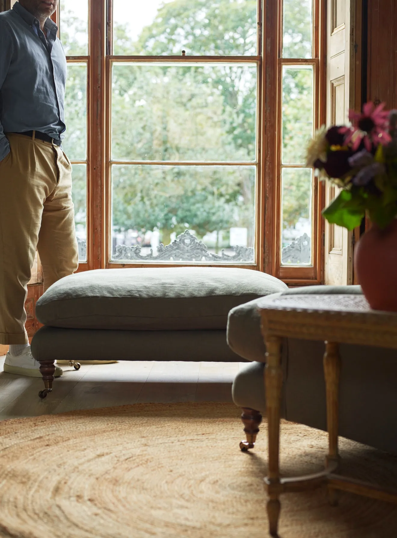 Remy Footstool, Sage Stripe