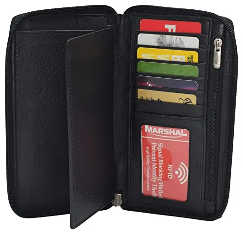 RFID Blocking Genuine Leather Long Bifold Zipper Checkbook Cover Wallet
