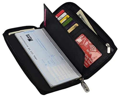 RFID Blocking Genuine Leather Long Bifold Zipper Checkbook Cover Wallet