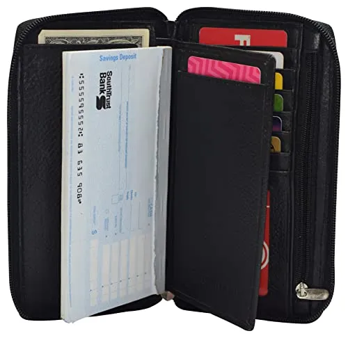 RFID Blocking Genuine Leather Long Bifold Zipper Checkbook Cover Wallet